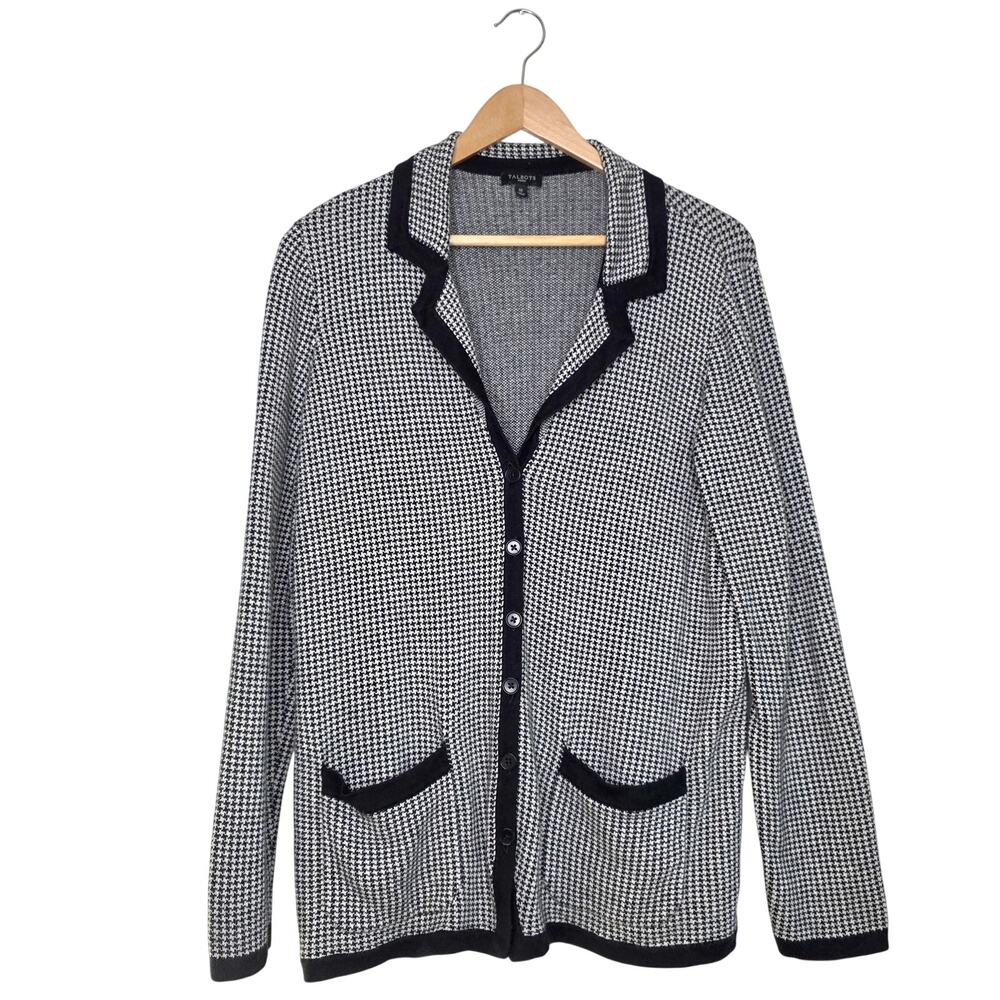 Talbots Houndstooth Cotton Angora Blend Blazer Cardigan 1X Black White Preppy